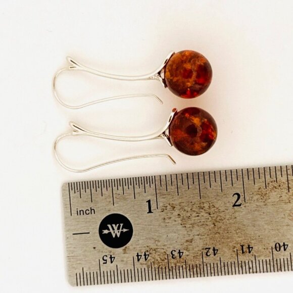Estate Sterling Silver 925 Amber Ball Drop Dangle Earrings Modern Art Deco 6.5g - Picture 8 of 8